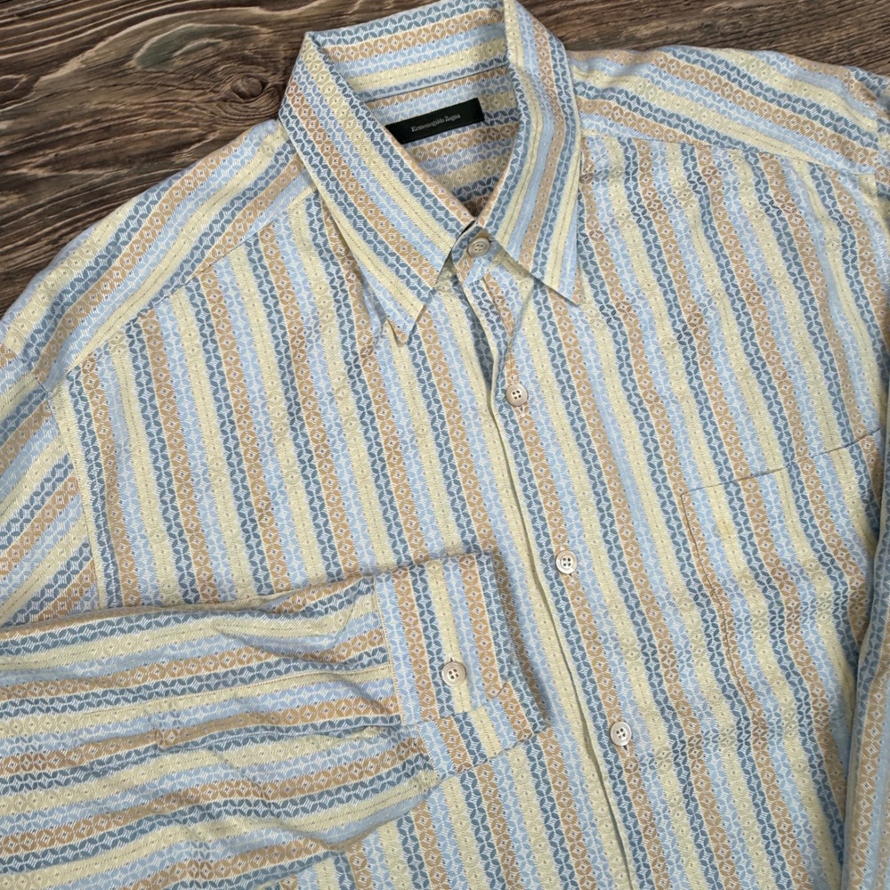 Ermenegildo Zegna Mens Size XXL Button Down Shirt Blue Yellow Striped Italy